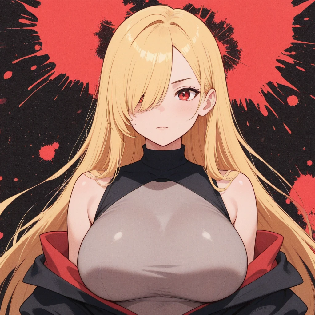 1girl, blonde hair, solo, long hair, red eyes, gloves, multicolored hair, looking at viewer, black gloves, red hair, red background, streaked hair, red lips, upper body, bangs,red theme,bad-girl, large breasts,shiny skin,(mature female),