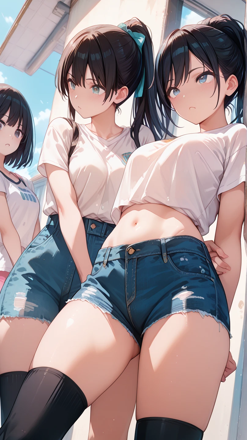 Girl with unbuttoned white shirt、Cute light blue bra、Cute light blue underwear、barefoot、Girl with super long black hair、Cumulonimbus cloud and blue sky、Beautiful breasts、White skin