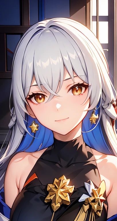 ph bronya, 1girl, solo, jewelry, earrings, long hair, grey hair, bangs, drill hair, bare shoulders, grey eyes, (off shoulder:1.1), (masterpiece:1.6, best quality), (finely detailed beautiful eyes: 1.2), ultra-detailed, illustration,beautiful detailed eyes, (yandere:1.4), (empty eyes), backlighting, looking at viewer, blush, smile, (masterpiece, finely detailed beautiful eyes: 1.2), <lora:B-t1-000007:0.7>,