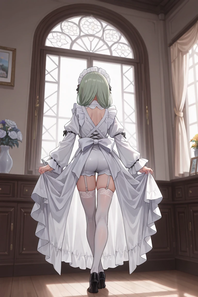 (((Pixel perfect, Perfect details))), alone, 1 girl, Memory, Roswaal mansion maid uniform, Maid tiara, looking at the audience, Keep your mouth shut,(Skirt lift:1.3), (thongs:1.1),White panties