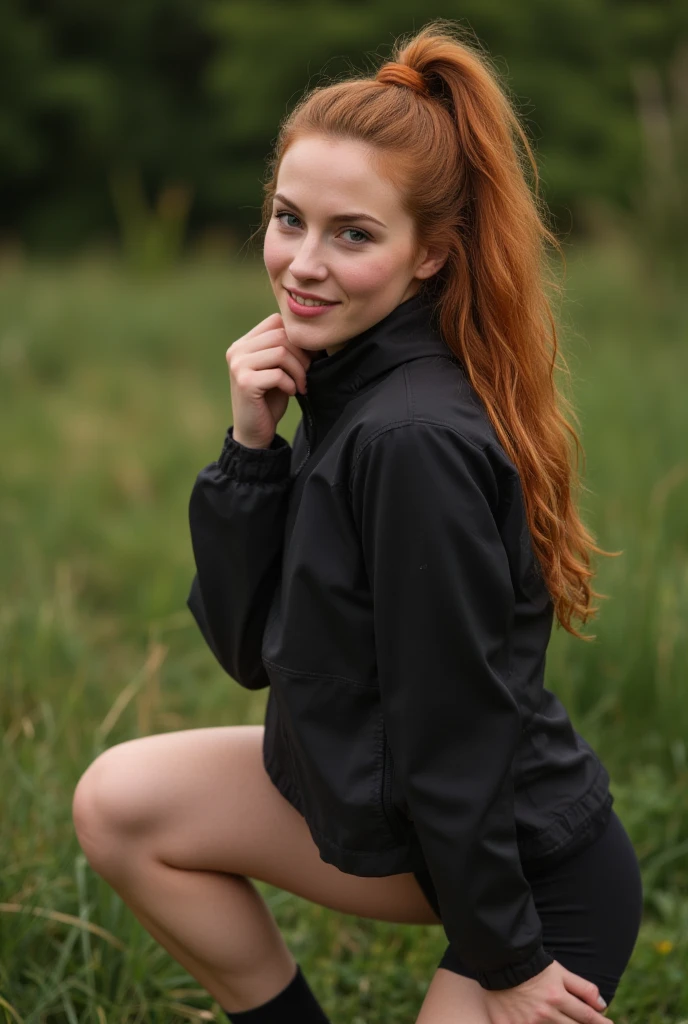 1 Girl, 24 years old, (bright red hair:1.3), shoulder length hair, freckles, blue eyes, photo (photorealism:1.4), realistic anatomy, medium breasts, sitting along the railing in a random color sweater and black boots, upskirt , in a red turtleneck sweater, perfect pose, casual pose, attractive pose, shot from below, thoughtful pose, full-length shot, striking pose, cinematic full shot, very artistic pose, voluminous sleeves, cool pose, sitting on a very elevated railing , only the far knee is raised along the railing, and the leg closest to the viewer is hanging, no pants, under the skirt, strong focus on the lower side of the thighs, the viewer is positioned at a very low angle, massive cleavage,