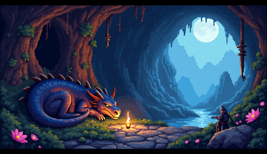 shadow of a dragon in the pixel art cave. Morning. 3D pixel art 4K wallpaper. Incredible pixel art detail. Pixel art. Detailed Unreal Engine pixel art