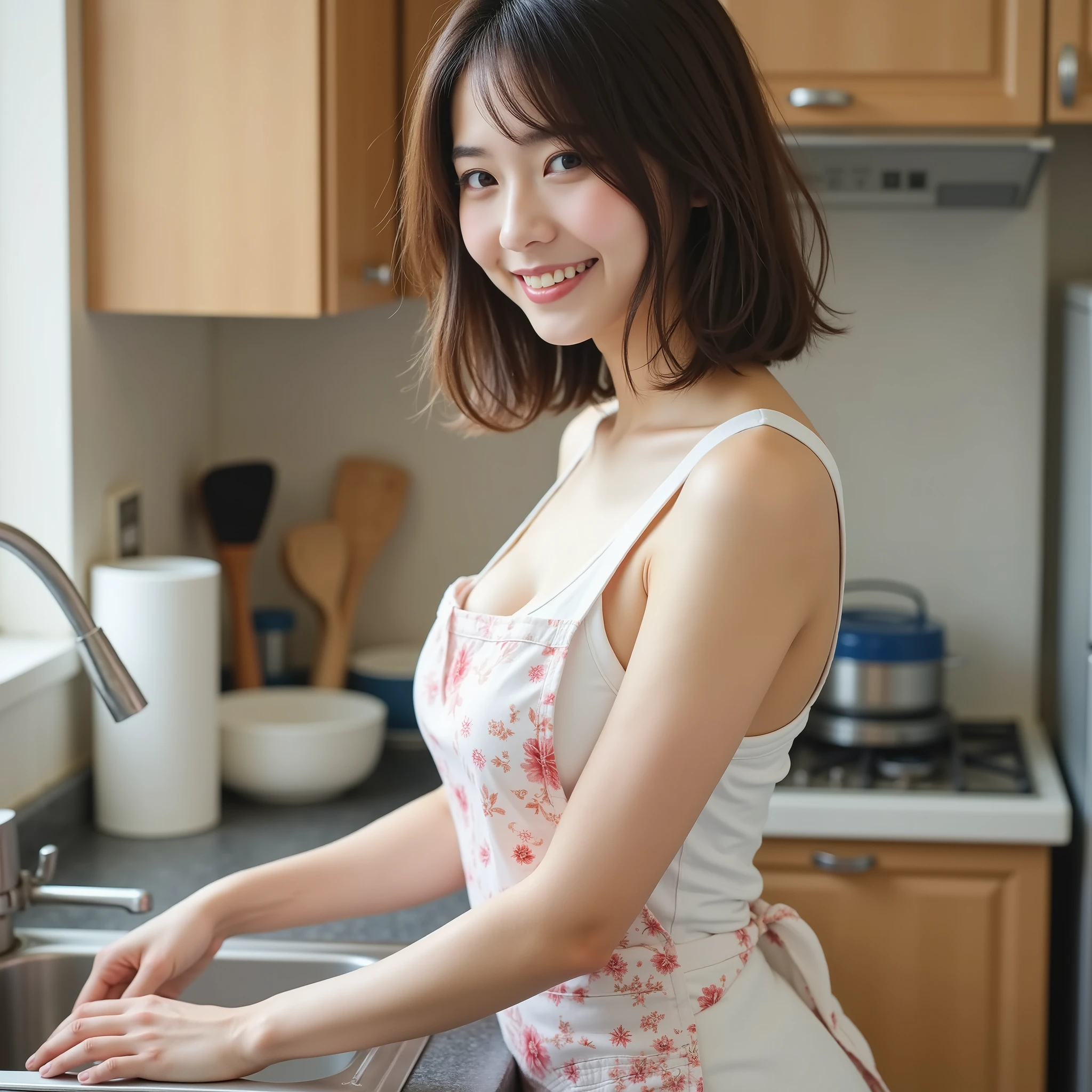 (Best quality, 8k, masterpiece: 1.3), a beautiful woman with perfect figure, dark brown hair, in the kitchen, wearing nude_kitchen_apron, highly detailed face and skin, detailed eyes, double eyelids, smile, NSFW, busy (e.g. phone)