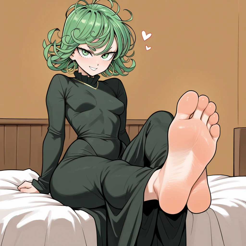 masterpiece, best quality, tatsumaki, flat chest, green hair, green eyes, from above, looking at viewer, green nails, black dress, bare legs, long legs, bare hips, hip focus, light frown, solo, murata yuusuke, latex clothing, facing viewer, laying on bed, exposed crotch, exposing crotch, latex panties, blushing, pleading eyes, foot focus, barefoot, presenting soles, sweaty, steamy