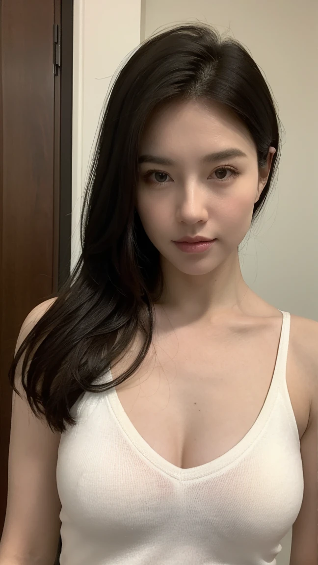 30 years old hong kong woman on white bed, beautiful face, white sleeveless, cleavage, realistic skin, black straight hair, dark room, no light, closeup, midnight