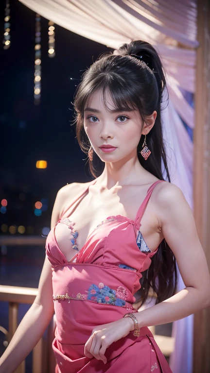 ((((8k))),((Extremely meticulous CG)) ,(wallpaper),16k,((Extremely refined and beautiful)),(((Masterpiece))),(((best qualtiy))),(((Ultra High Resolution))),beautiful light up,Perfect lightning,realistic shaded,(Smooth and flawless skin:1.5),(Extremely exquisite facial details:1.2),(perfect body:1.2),(ultra-detailed),((A beautiful girl,solo)),(small head:1.2),(pale skin:1.3),(medium straight bob hair:1.2),(small face:1.2),(baby face:1.3),(Exquisite makeup:1.2),(blush:1.3),(small breasts:1.2),(flat chests:1.2),((slim,thin)),(laughing:1.2),(smiling:1.2),(strapless floral bra:1.5),(cleavage:1.3),(outdoor:1.2),(early summer:1.3),(detailed background:1.5),(standing:1.3),(close-up of face:1.3),(from front:1.3),(in Chinese ancient water town Full of purple lilacs blooming:1.5),(on a boat:1.5),(on the river:1.3),(night scene:1.5),(starry sky:1.3),(houses with white walls and black tiles:1.2),(neon lights:1.2)