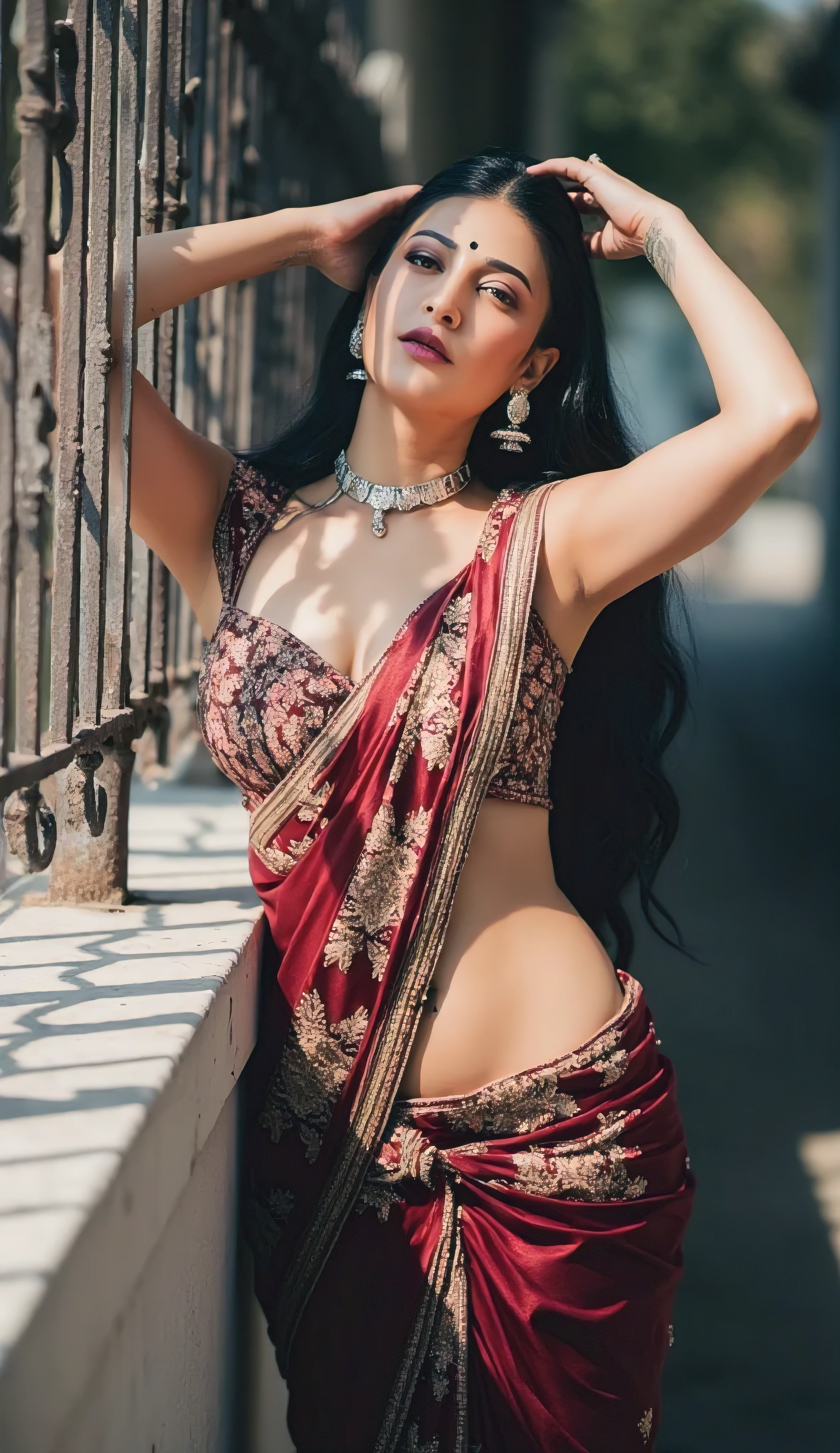 "A stunning Indian woman in a deep red and gold embroidered saree, draped sensually with elegance. She has long, wavy black hair, adorned with traditional silver jhumkas. Her expression is captivating, mysterious and romantic, with subtle makeup and a small black bindi. She is standing near an old iron railing, slightly arching her body, with one arm above her head, striking a graceful, seductive pose. The background is softly blurred, with a warm, dreamy glow, giving the scene a cinematic and vintage aesthetic. Evening light casts a soft shadow, highlighting her curves and the rich texture of her saree."