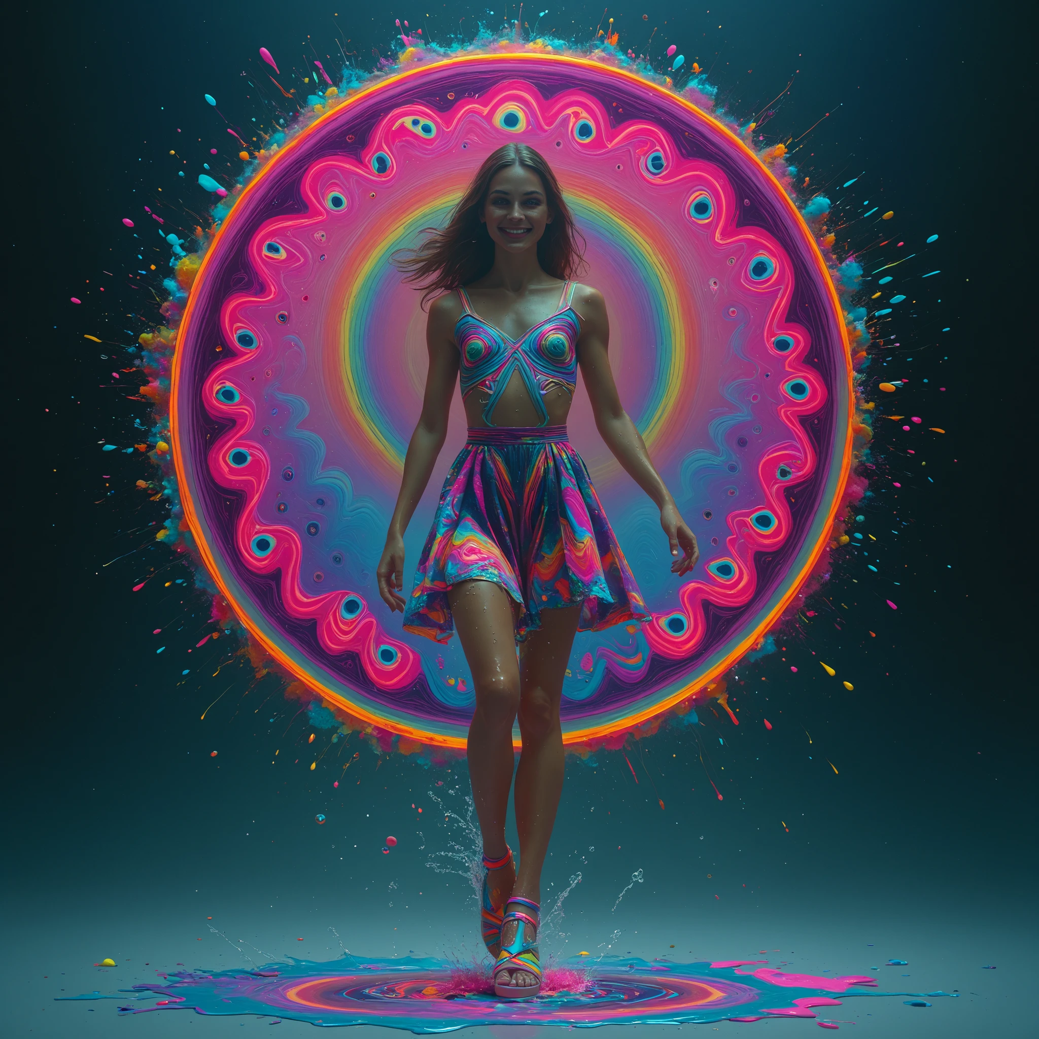 Glow in the LIGHT,Paint splashing,Captivating psychedelic surreal neon amazing universe beautiful gorgeous women in a bright colorful neon light,Mark Reiden、daniel merriam、Bright neon colors in the style of Frank Frazetta and Boris Vallejo, jump、fashion clothes,Sandals,super realism, trippy, ornate, beautiful, fine Detail, intricated detail, Hyper detailed, oil painting, intricate colors, portrait, smile, cute. mrunaltflx, hinaigirl, sfw.Shiny skin