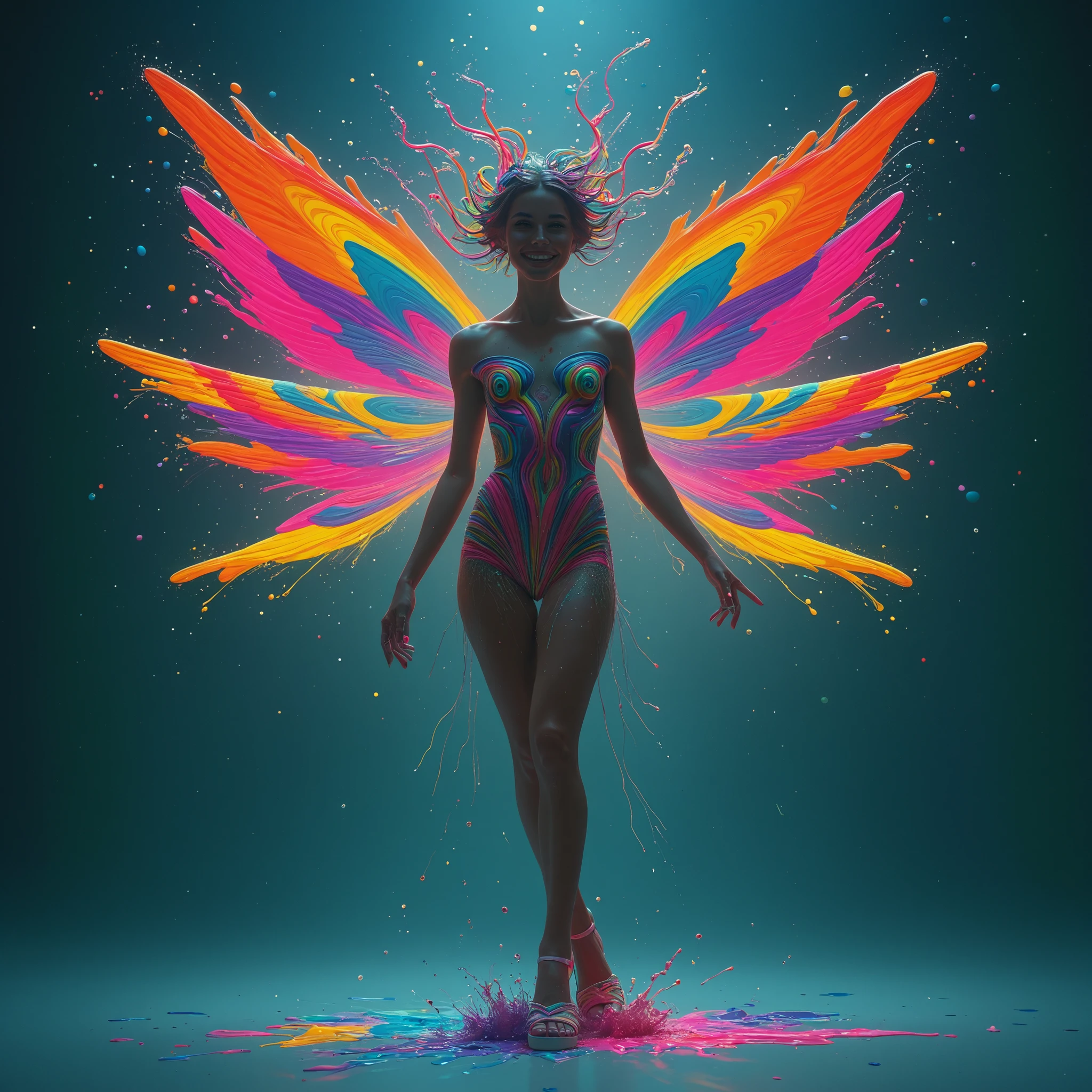 Glow in the LIGHT,Paint splashing,Captivating psychedelic surreal neon amazing universe beautiful gorgeous women in a bright colorful neon light,Mark Reiden、daniel merriam、Bright neon colors in the style of Frank Frazetta and Boris Vallejo, jump、fashion clothes,Sandals,super realism, trippy, ornate, beautiful, fine Detail, intricated detail, Hyper detailed, oil painting, intricate colors, portrait, smile, cute. mrunaltflx, hinaigirl, sfw.Shiny skin