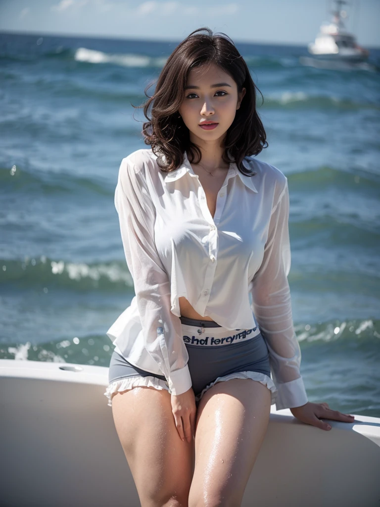 best quality, muste piece, It&#39;s photorealistic, high resolution, 8k students,solo, 1 girl, NSFW、semi-long hair、30 years old、(Royal blue miniskirt dress with gold trim)、Crouching、((camel,s toe)), slender body shape、legs spread wide、 ((Royal white lace panties))、smile、high heels、earrings、necklace、skirt lift、Aegean Sea