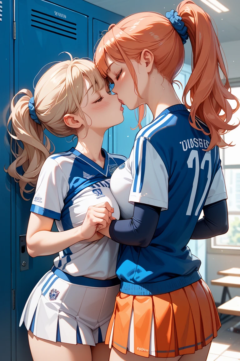 two women staring at each other, with rage, angry, BIG BREASTS, one with a COLOMBIA soccer team shirt (yellow, blue and red) and another with that of Argentina, no shields on shirts, only colors, 4k, Ultra Full HD, high quality