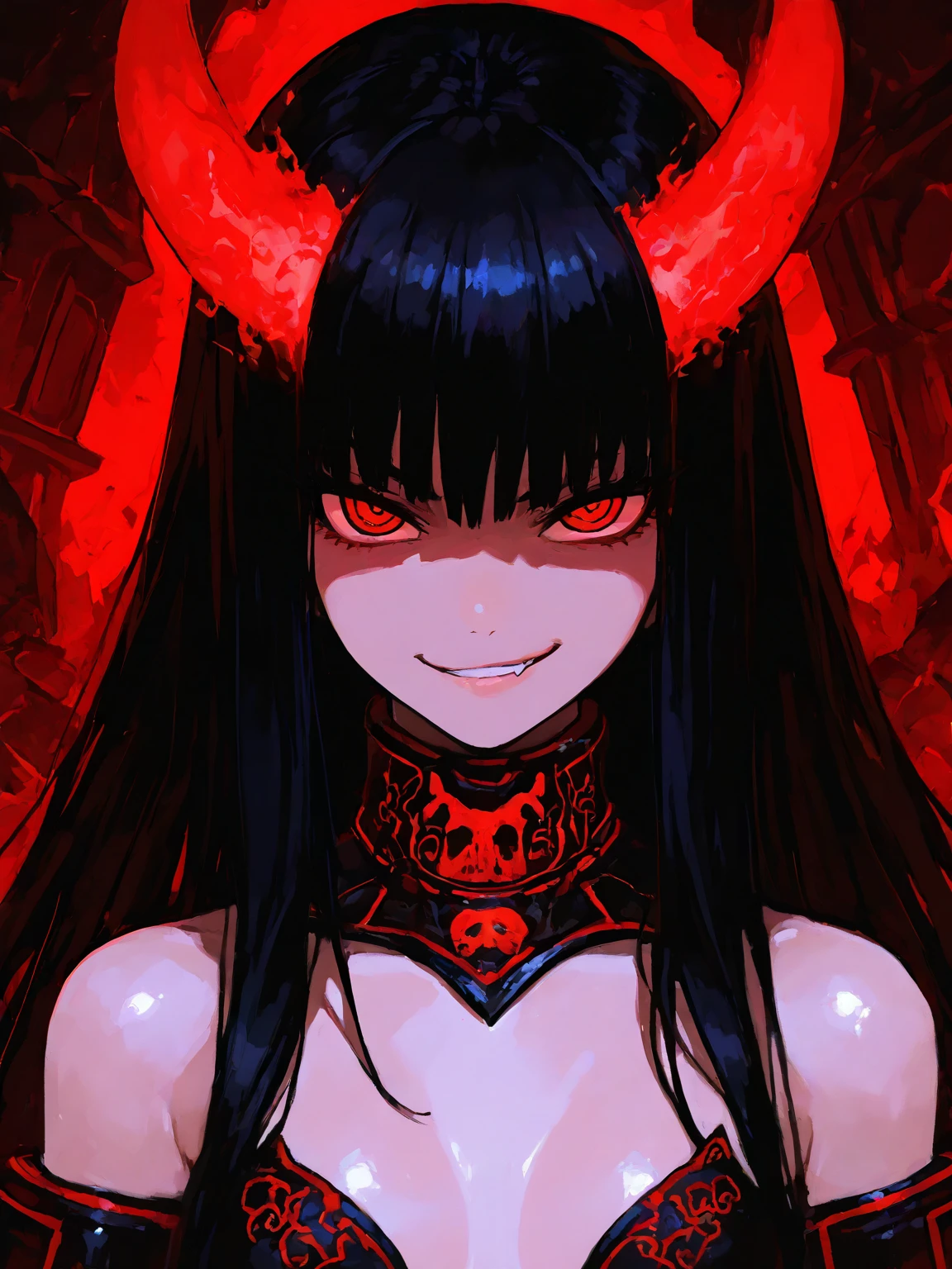 devil girl with horns on her head,Bloodstained,dirty black hair, wearing an eyepatch, evil look,scary atmospheric background,Violent,dynamic pose, hand holding a big ax