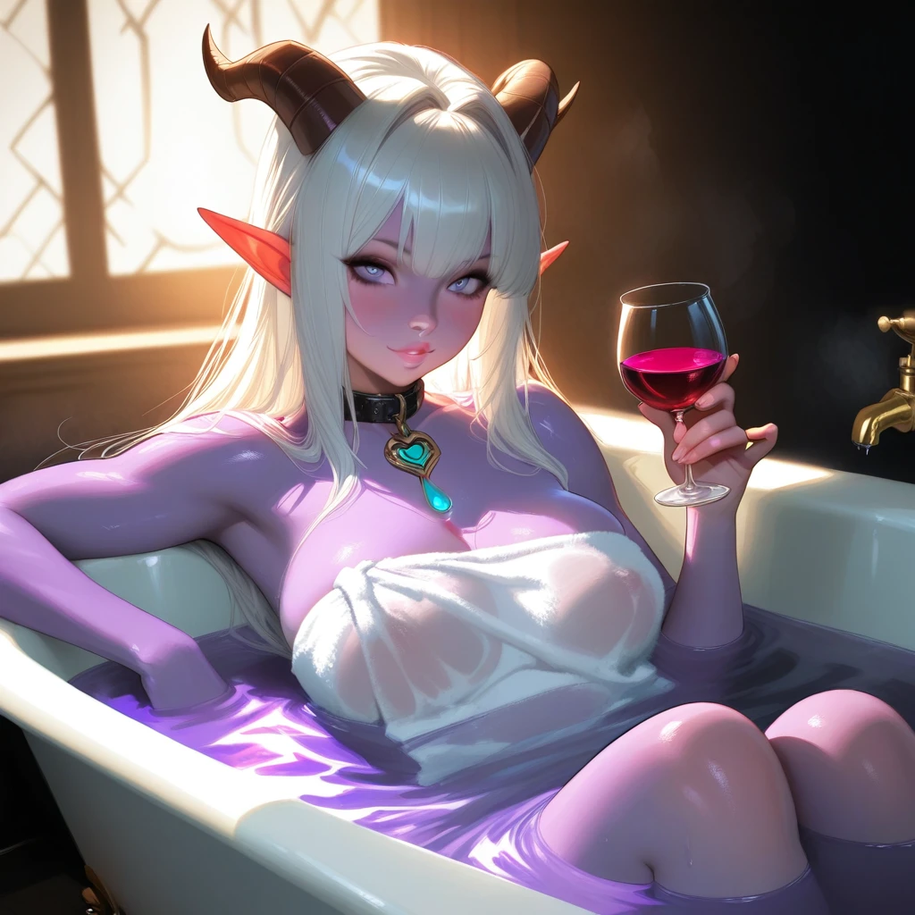 (Score_9, score_8_up, score_7_up, hotel room, night), 1girl, drow elf, purple skin, long white hair, lip gloss, full lips, confident smile, purple eyes, eyeliner, lactation through clothes, revealing dress, holding glass of milk, circlet, cleavage, big breasts, tall, slim, dimly lit, Nyantcha Style, perfect hands, source_anime, rating_explicit 