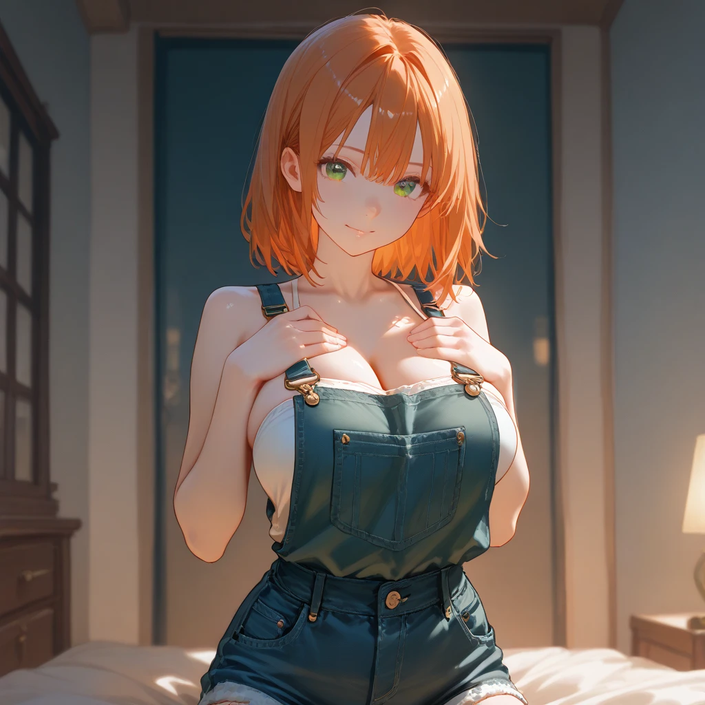 a young woman standing and in front and mirror, 1girl, phone, solo, barefoot, navel, navel piercing, Cute woman, beautiful short orange hair, short orange hair with bangs, pale skin, orange shirt, blue mini shorts, smile, attractive look, mature face, deep slanted eyes, muscular body, defined biceps, thick legs, slim waist, full body, big breasts, (best quality,4k,8k,highres,masterpiece:1.2), ultra-detailed, (realistic,photorealistic,photo-realistic:1.37),