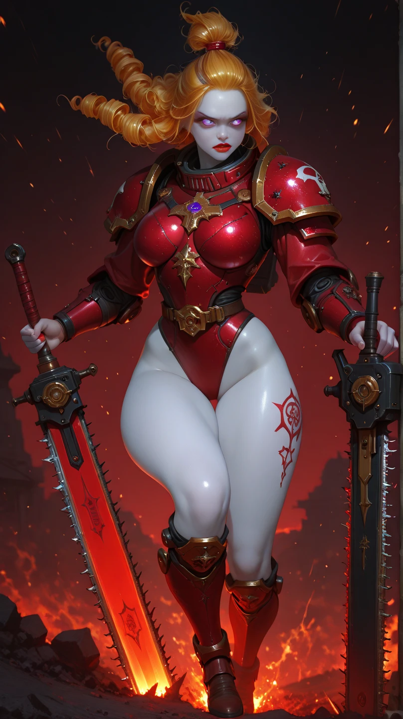 elegant adult female, blonde, green eyes (yellow eyelashes) crown, turtleneck, full body sitting on a bench, showing ass to me, RED breastplate, RED skin (1SologirlRED skin:1.2), looking at viewer, shiny, armor, thigh highs, high boots, pauldrons shoulder armor, faulds, poleyn, RED gloves gauntlets, rerebrace, RED military armored boots, yordle muscular lean platinum blonde long twin tails hairstyle at the bedroom lustful smirking smile face red blushed, blush, strong abs, female body builder, tiara, twin drills hair, (masterpiece, best quality, ultra detailed, best shadow)