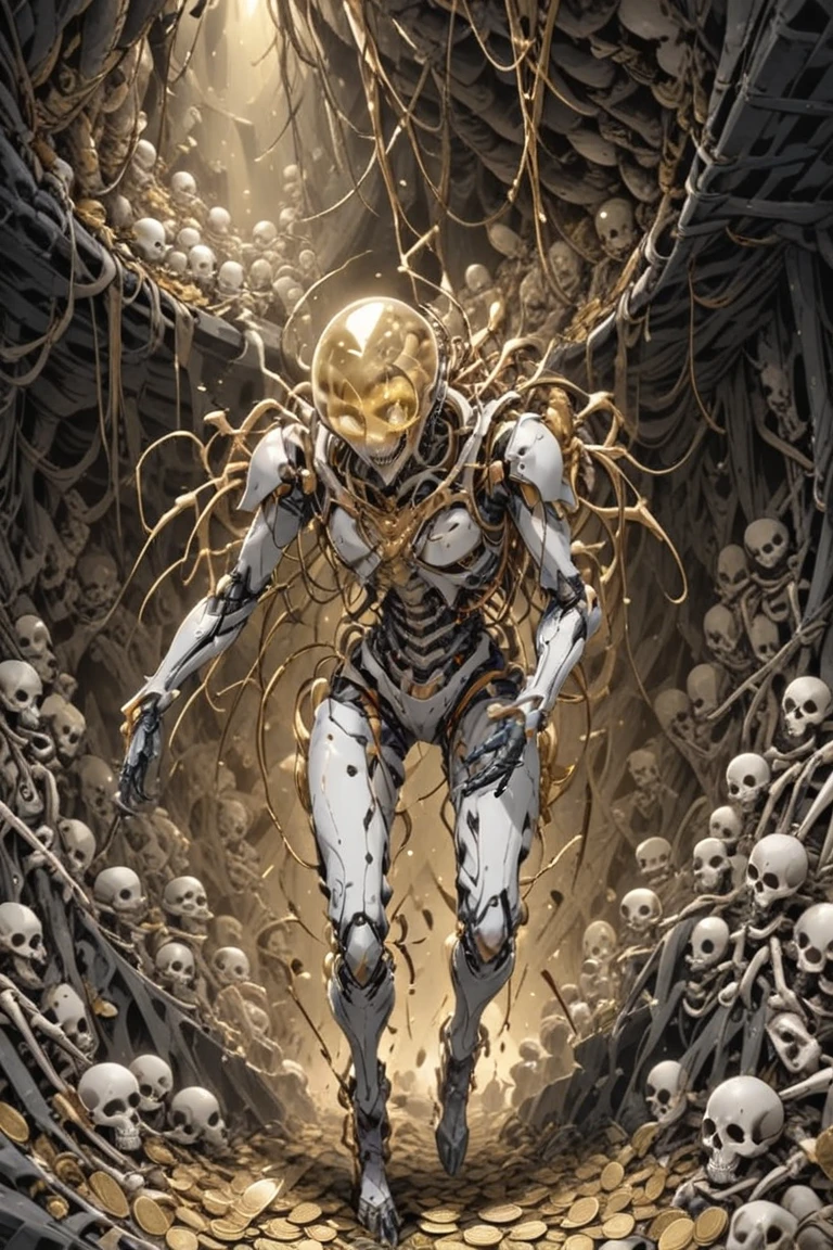 Exoskeleton male humanoid glass body entering in a cave full of skeletons and money with gold coins 