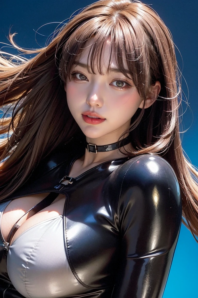 (RAW Photos: 1.2), (Photorealistic: 1.4), (Masterpiece: 1.3), (Best Quality: 1.4), Dreamy, (Detailed Eyes), (Detailed Facial Features), (Detailed Clothing Features), Skin Tension, (Glossy Skin),(Slender Girl),(Slim Girl),1girl,(Full Body)),Solo,Cute,smlie,VirtualGirl-Aim,( Medium bust), bangs, straight hair, long hair, black hair, black eyes, crystal pendant, black latex rubber tight bodysuit, nipple protrusions, streaks,