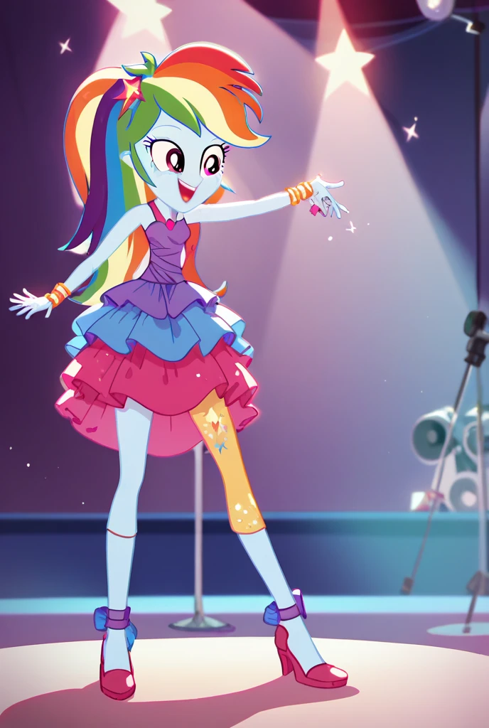 feral, 1girls, rainbow dash, solo, (show acurate, Equestria girls), club, night club, party, pole dancing stage, pole dancer, indoors, night, detailed, beautiful, female, vector, blushing, smiling, eyeless, dancing on pole, looking at you, t-shirt, red t-shirt glove, black glove, high heels, stockings, black stockings, spread pussy, microskirt, pink microskirt, sexy, shirt lift, exposed breasts, medium breasts