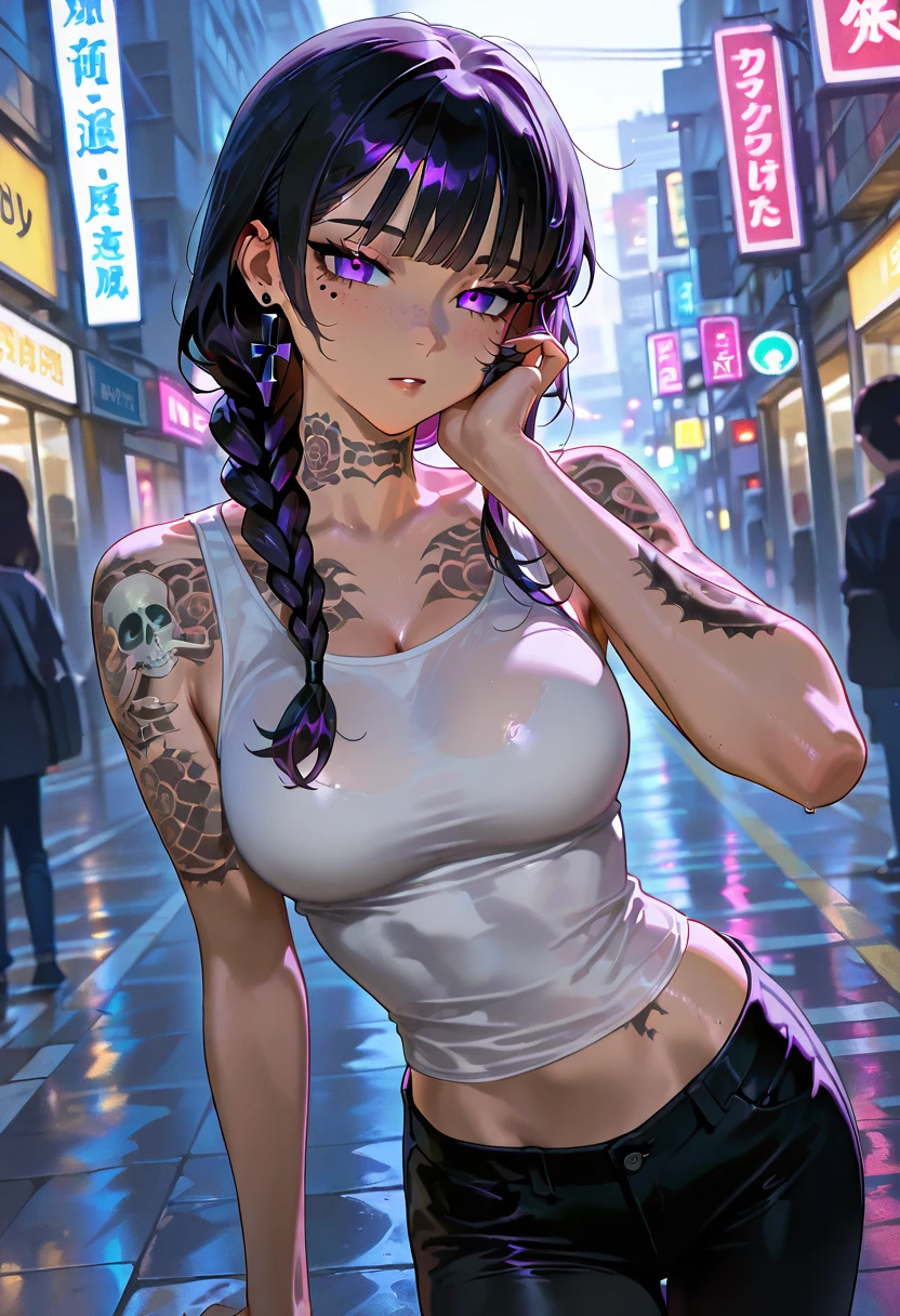 (very detailed background:1.0), (highly detailed background:1.0), (Masterpiece), High Quality, 1girl, woman, tattoo, irezumi, depth of field, dynamic lighting, high quality shadows, feminine, plunging neckline, breast curtains, Revealing clothes, , white dress, reze, purple hair