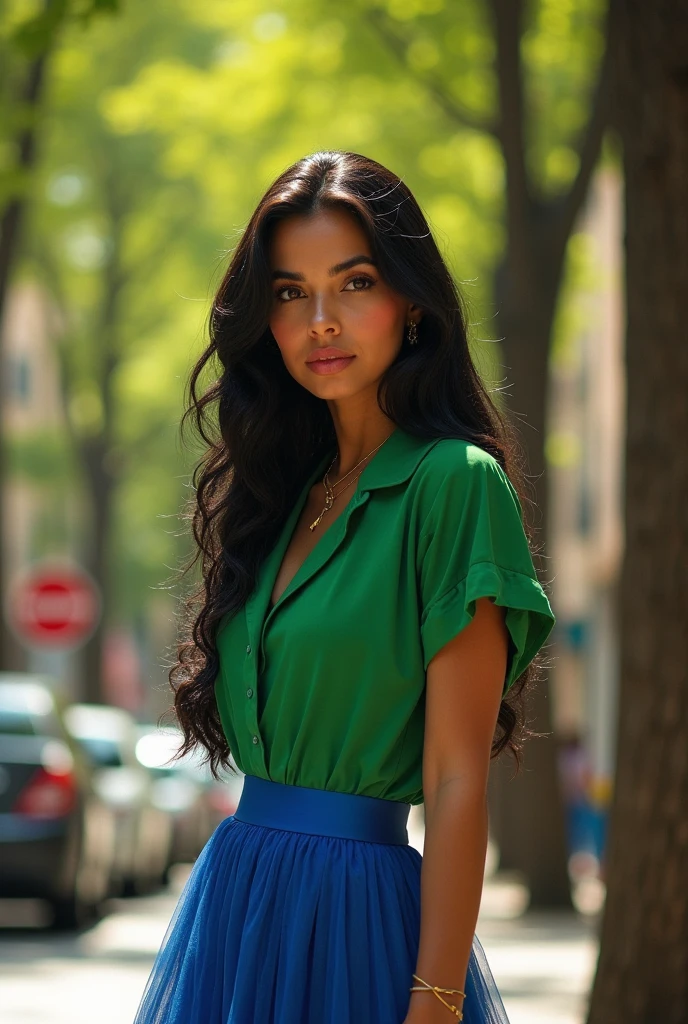 Realistic full body photo of a smiling, Young black-haired girl with long hair, She dances in front of the camera in a long green silk shirt and tight jeans..., Park,glamour fotoshooting, Park, perfect anatomy, perfect brown eyes. Perfect hands with 5 fingers on each hand, Matching girl, looking at the camera, 1 Frau. (Eye make up:1.1), (highly detailed skin:1.1), spirit, analog style, keen focus, 8K UHD, dslr, good quality, Fujifilm XT3, Grain, Award-winning, masterpiece. Park