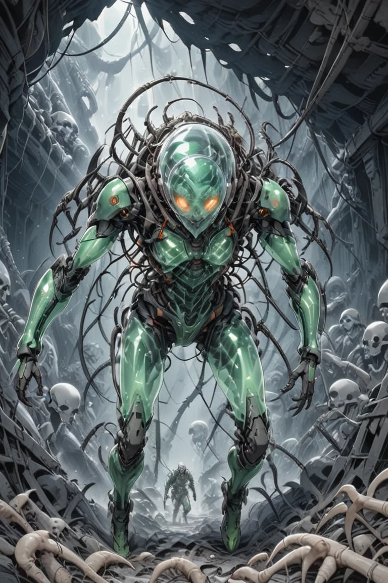 Exoskeleton male humanoid heavy glass body with full face mask entering in a cave full of skeletons and dinosaurs bones