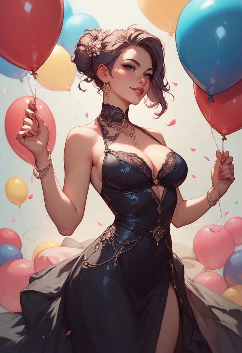 A 20 year old girl, blue colored eyes, expressive face, curly black hair, chubby mouth, breasts big, body from the knee up, black floral dress, Lace, dazzling, in dynamic poses, studio, fractal background in rainbow colors, lace stockings, red leagues., incident light on the hair, flowers. 8k.