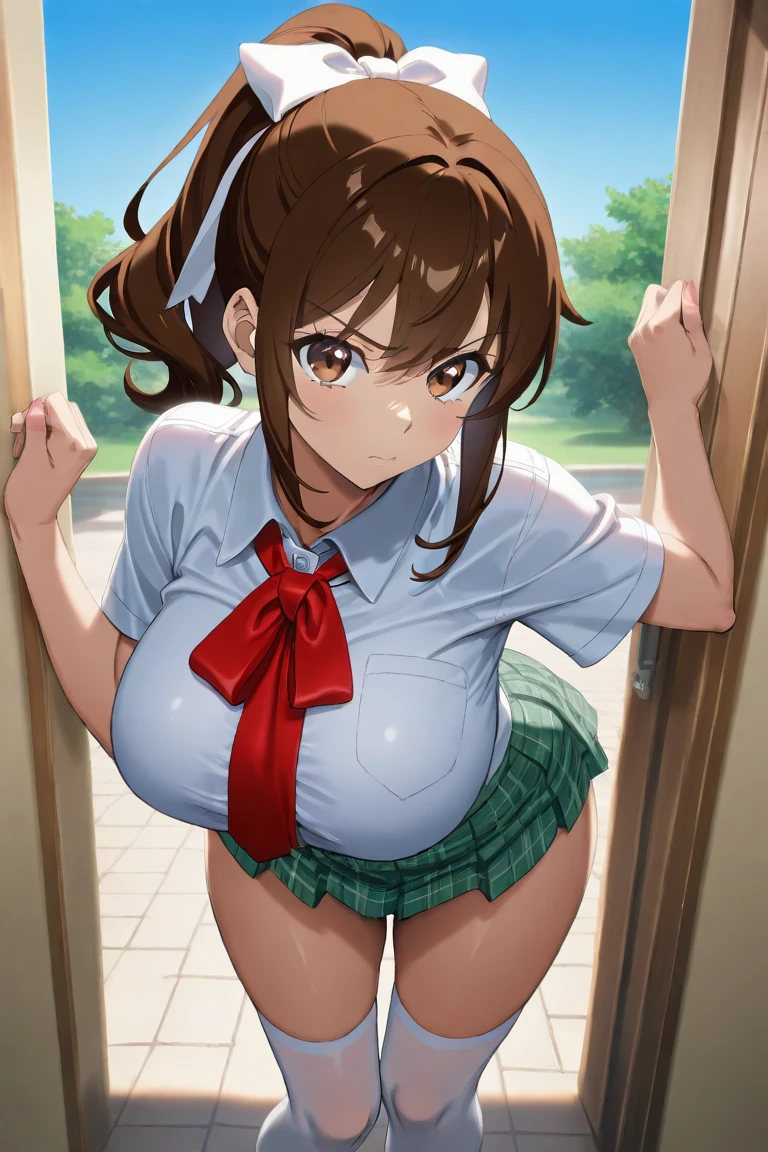 (((pixel perfect, detail perfect))), alone, 1 girl, Misaka Mikoto, tokiwadai , bow, looking at the viewer,, whole body、(Breast Exposure、Nipple exposure、medium breasts))、smile、Tokiwadai Junior High School Uniforms