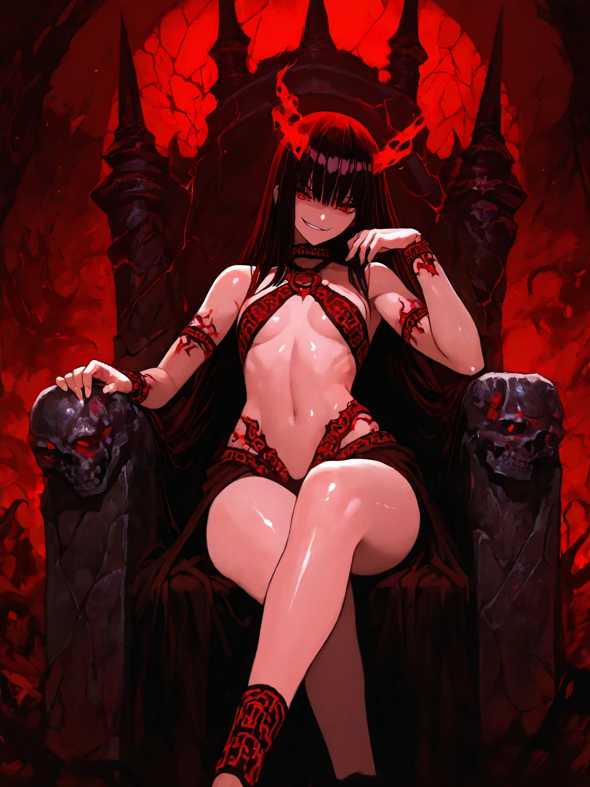 very low camera angle on the floor looking up ,  low angle, view from the bottom ,Capture the essence of dark allure and devilish elegance in a breathtaking masterpiece of anime art. Entre no mundo de Charlie Morning Star, a seductive villain dressed in red lingerie, adorned with horns and long fangs , and sporting a demon tail. with an imposing presence, She looks at the viewer, exuding an aura of sinister charm. Your bare feet, delicately painted with black enamel, extend with a tempting grace, embodying the essence of evil princesses and demonic goddesses. This luxurious scene unfolds in the opulent confines of a high-end hotel room, where Charlie is sitting on the edge of the bed, your feet slowly raised, inviting admiration. Through meticulously detailed 4K rendering, every aspect of this demonic sorceress, from her sensual pose to the intricate details of her feet, comes to life with incomparable artistry. Experience the allure of the supernatural in a mesmerizing composition that elevates the succubus archetype to new heights, drawing viewers in with a mesmerizing mix of beauty and danger."
