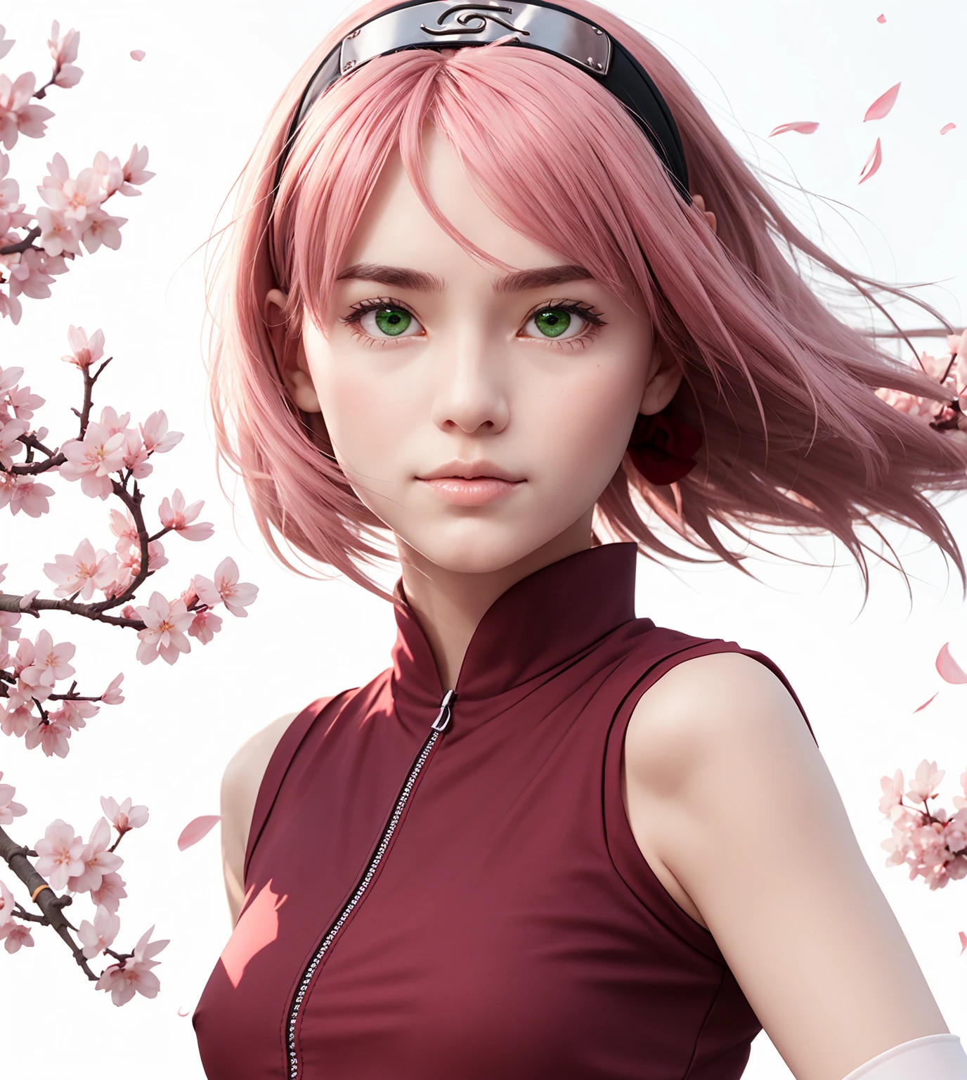 naruto shippuuden, , masterpiece, red shirt, shirt, short hair, sleeveless, sleeveless shirt, , d, 1girl, solo, bangs, breasts, closed mouth, elbow sleeve, eyes visible through hair, floating hair, foreshortening, green eyes, hair intakes, parted bangs, pink hair, portrait