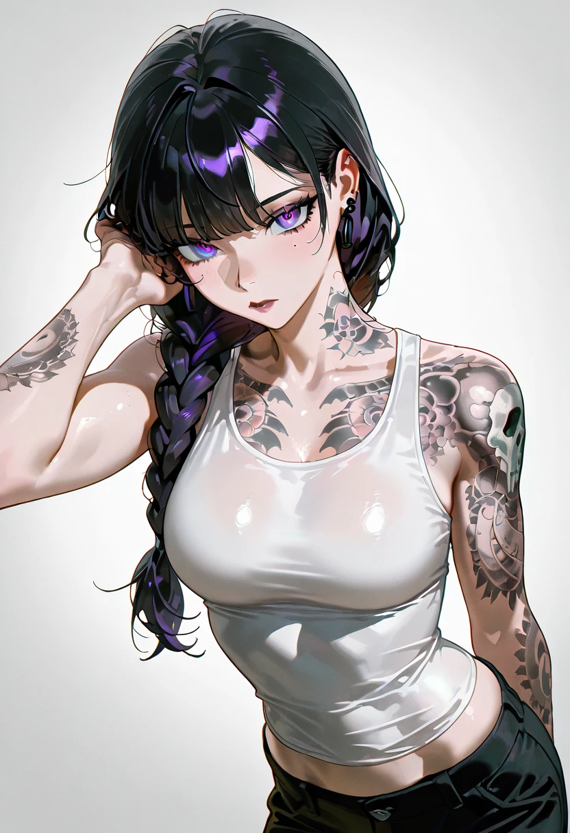 (very detailed background:1.0), (highly detailed background:1.0), (Masterpiece), High Quality, 1girl, woman, tattoo, irezumi, depth of field, dynamic lighting, high quality shadows, feminine, plunging neckline, breast curtains, Revealing clothes, , white dress, reze, purple hair
