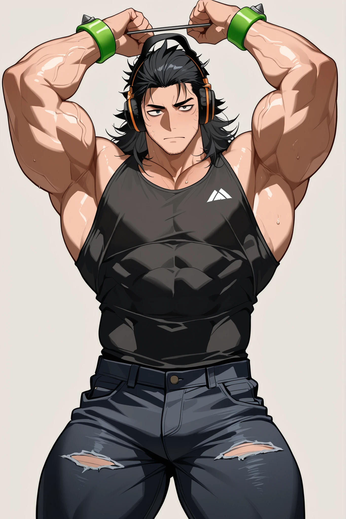 A man with slightly tousled black hair medium length, with grey melancholic eyes, small bristles and dark eye bags. Dressed in a tight black sleeveless tank top and dark jeans, on the wrist — a simple green bracelet with metal clasps. , in a confident, slightly bent. Additional details: big black headphones, накачанные muscles, muscles, детализированные muscles с прожилками. Focus on muscles and skin, muscular build, dynamic pose. Natural warm skin tone. courageous , with bristles on his face; bulky bara; facial bristles, long hair
