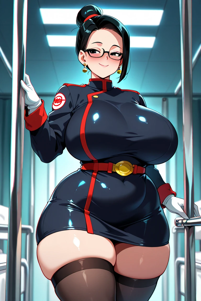 (Perfect body),highest quality,(8KP○rtrait),(anime screen cap)、NSFW、Sweat,((big breasts))、police hat、female police officer、(black hair),(bob cut)、dull bangs、yellow eyes,((thick thighs)),((big ass))、、(Navy Blue Leotard)、glare、blush、((narrow your eyes))、adult w○ man、(((embarrassing)))、(In town)、((muscular))、fingerless gloves、(thick waist)、Are standing、black boots