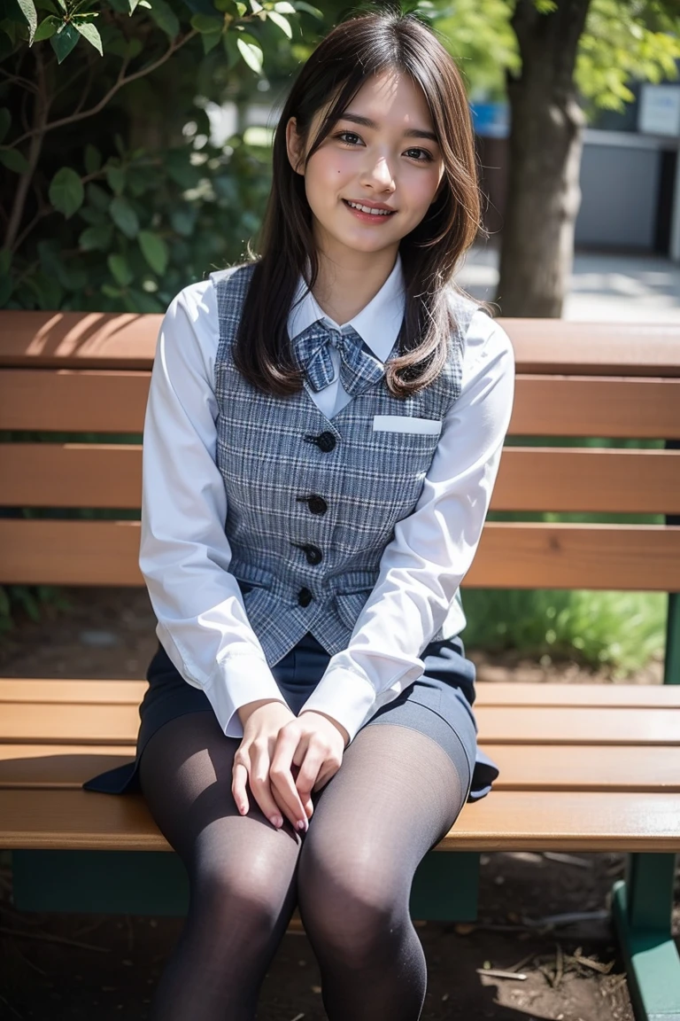 ulzzang-6500-v1.1, (RAW Photos:1.2), (Photorealistic), (Genuine:1.4), 1girl、Perfect Anatomy、42 years old、Looking at the camera、Medium Long Hair、Plaid vest、((Sitting on a bench:1.3))、(Ultra-realistic pantyhose:1.2), (High heels)、(Business services)、