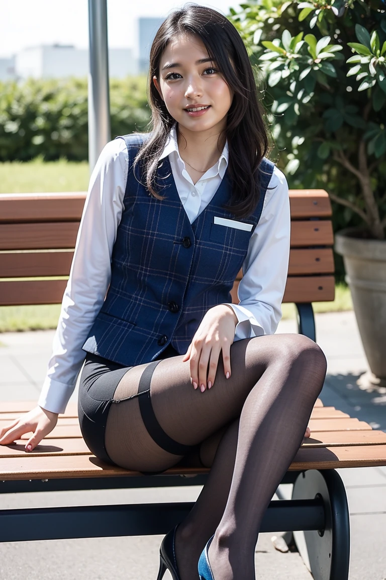Urzan-6500-v1.1, (RAW Photos:1.2), (Realistic), (Genuine:1.4), １、Perfect Anatomy、42 years old、Looking into the camera、Medium Long Hair、Plaid vest、((Sit on a bench:1.3))、(Ultra-realistic pantyhose:1.2), (High heels)、(Business services)、Cowboy Shot