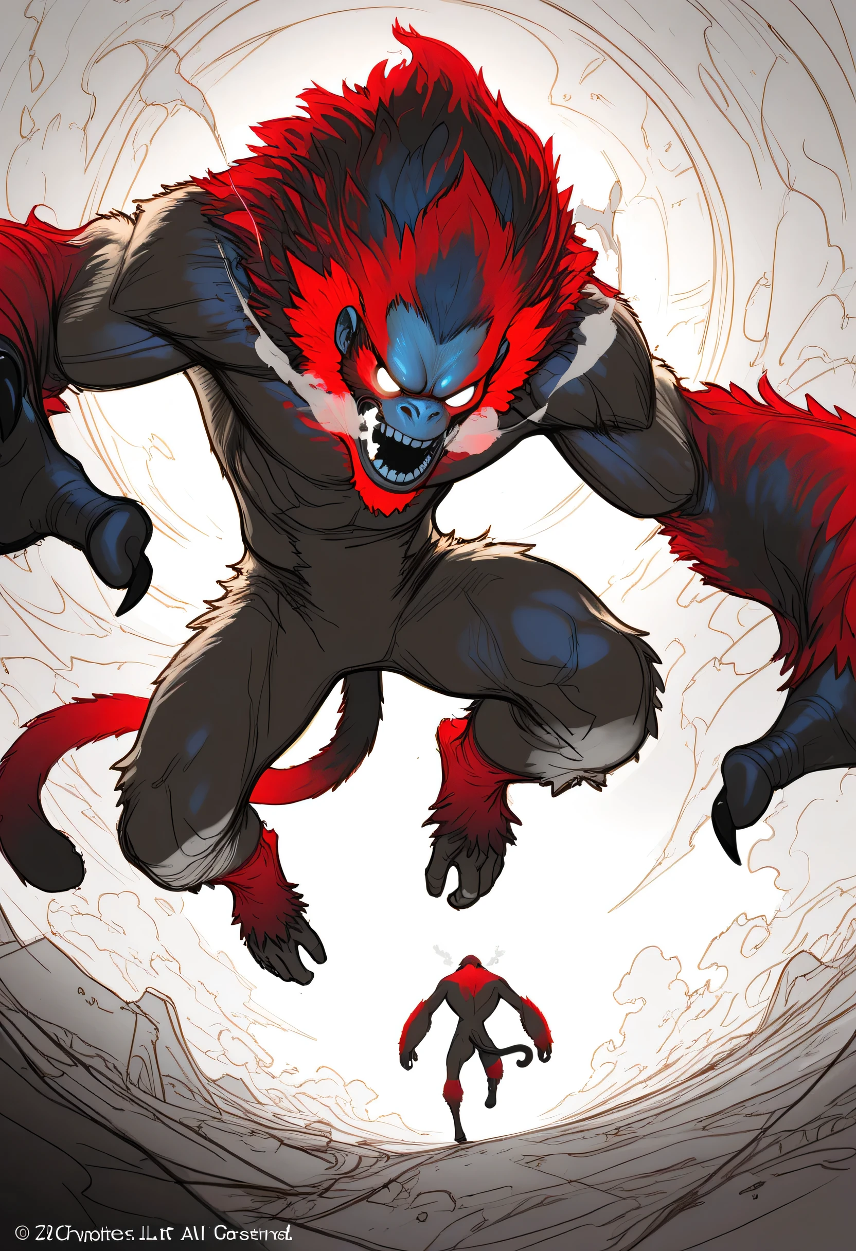 Game monster, sketch, concept art, monkey mandrill, bright color, Breath steam, black and red furr, white eyes, round eyes , glowing eyes, muscular, on plain white canvas, rough, thin lines, 2d, concepts art, large, wide front arms, and small back legs , tail, Masterpiece, incredible quality, perspective, dynamic pose, dynamic Dutch angle,Alone , grew old, brutal, cunning,