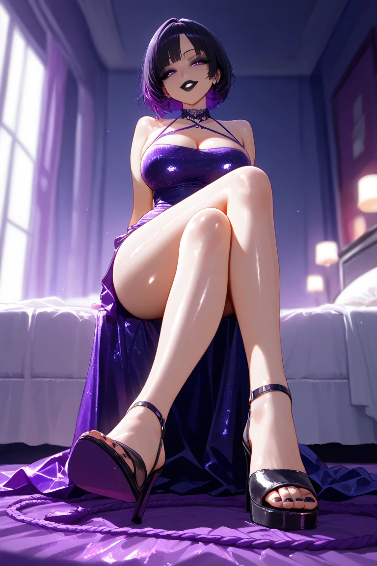 best quality, masterpiece, 4K, HD, High resolution, Perfect Body, Magical, Principal, Glasses, Female, Purple hair, Purple Theme, Short hair, Spiky hair