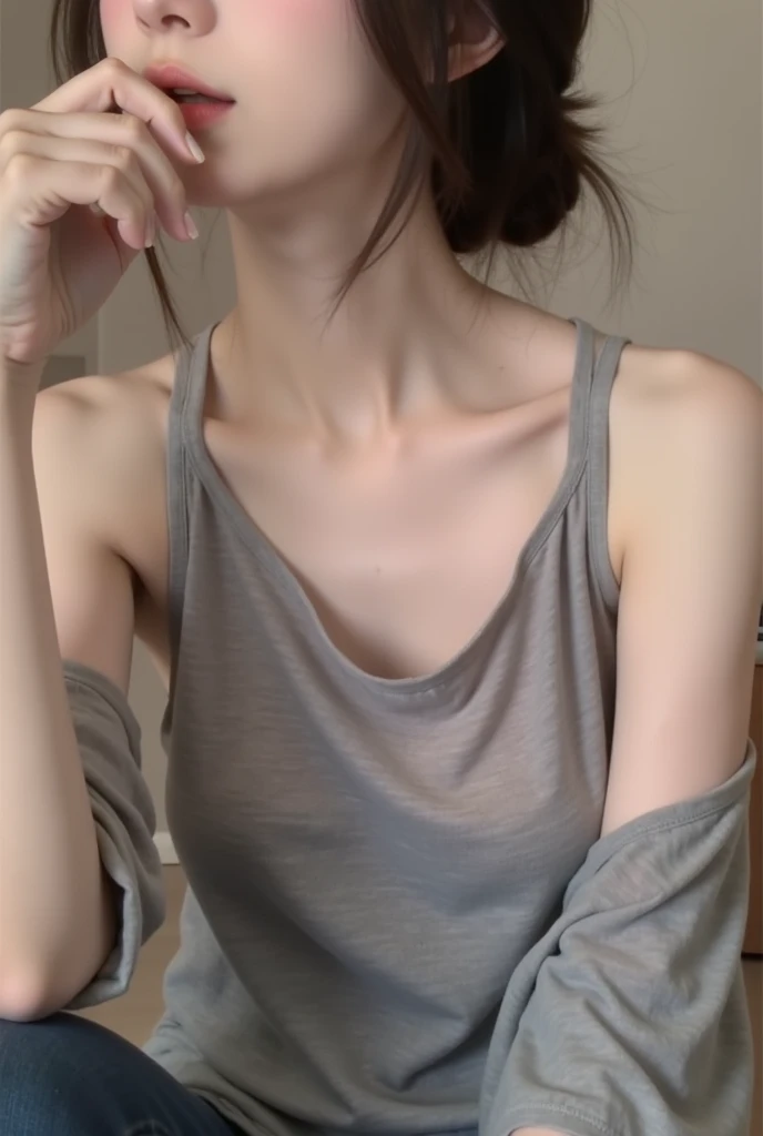 best quality, beautiful shape, ultra high res, (photorealistic:1.4), unique girl, pretty girl, strapless crop top bra shirt, black tight skirt, (faded ash gray hair:1), medium breasts, looking at viewer, closeup, (pretty face), real, perfect.