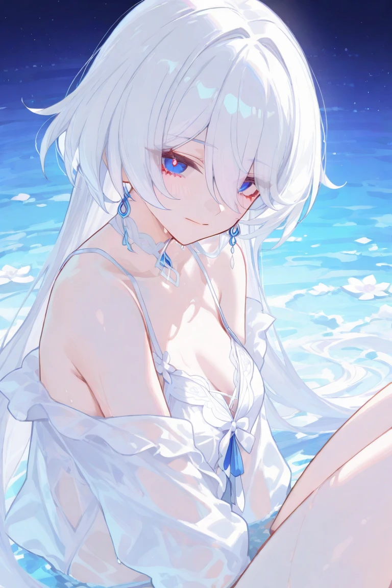 an anime girl、cute little、White hair、best anime 4k konachan wallpaper, anime style 4 k、Trending on ArtStation pixiv, A sexy、a smile、View between legs、face perfect、Clothes with a thin stomach, Beautiful face, extremely detailed cute anime face,@okojo2