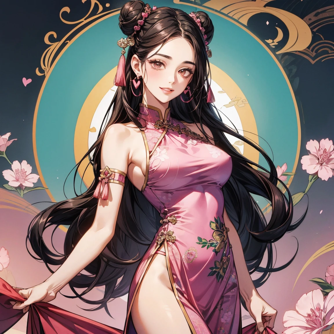 masterpiece, best quality, official art, 8k wallpaper, highly detailed, illustration, 1 girl, (solo:1.4), (large breasts, Showing Cleavage:1.2) black hair, long hair, detailed eyes, bamboo forrest, bare shoulders, lakes, pure, soft smile, gigantic cleavage breasts, Sakura flower, Sakura tree,