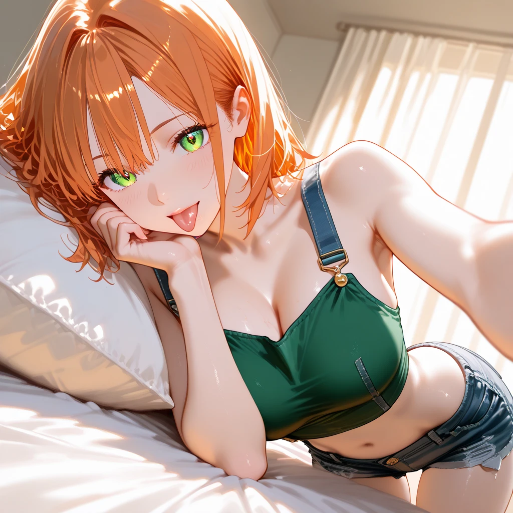 (masterpiece:1.2, best quality), (real picture, intricate details), (1lady, solo), fullbody:1.5, close-up body, casual, natural fabrics, smile, Top Quality, Masterpiece, Hi-Res, Beautiful Face, photography, High Resolution, 4k, 8k, Asian face, detailed face, detailed eye, exposed shoulder, (((green eyes, orange cat ears:1.5, medium breast:1.5, orange hair:1.5, orange bikini:1.5, short curly hair:1.2, hair over one eye:1.5))), ((orange hair:1.5, orange bikini:1.5)), (background interior hotel:1.5),