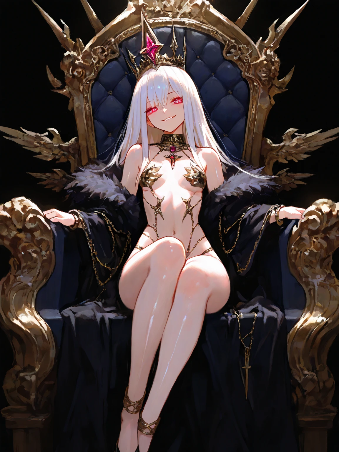 ((best quality)), ((masterpiece)), (detailed), 1girl, Character design, female, dynamic poses, long white grey hair, grey white eyes, very skinny, detailed, best quality, no accesoires around the neck, no shoes, prominent collarbones, skinny arms, flat stomach, visible hip bones, full body, blank white background, plain background, white background, red and white clothing, Bloodborne inspired, occult aesthetic, occult, detailed and intricate steampunk and detailed gothic, NSFW, Very dramatic and cinematic lighting, cosmic horror, grim-dark, side-lighting, perfect face, NSFW, Fluttering lace flared long knee length dress with frilly petticoats, knee length dress, pleated petticoats, petticoats gothic, complex lace boots, side-lighting, gothic aesthetic, wielding a mighty sword with mechanical components, mandalas, small breasts, a fairy, various different types of insect wings, NSFW, full body, whole body, body, plain background, white background, blank background, no background, white background NSFW, chains, full body, whole body, head-to-toe NSFW