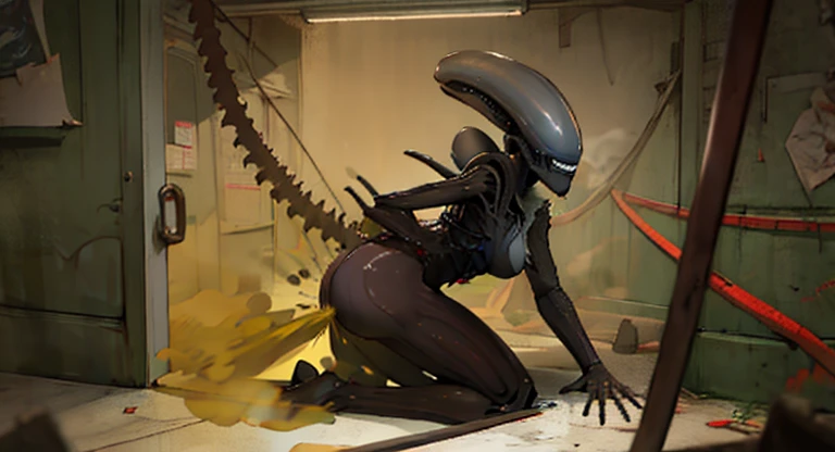 masterpeace, high quality, 4K, HDR BREAK Female muscular xenomorph mother
BREAK white panties, white shirt, tight clothing BREAK crawl on all fours, rear view, solo focus, looking back