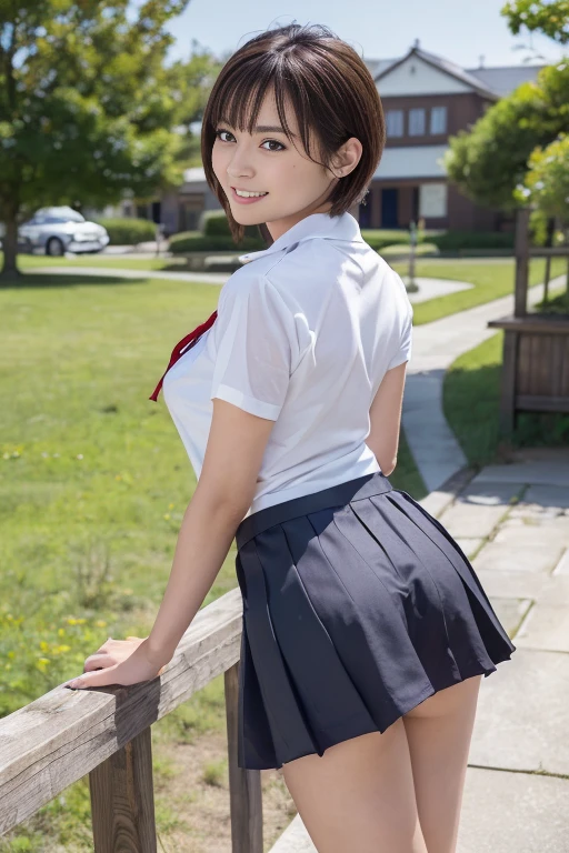 ((High school girl sitting at a table in the classroom))、The background is the classroom window.、Navy Blue Blazer、(White blouse)、((Large bust : D Cup))、(((White blouseのボタンをはずしてオッパイを見せる)))、Red bow tie、((Dark blue checked skirt))、8K,、Ultra-high resolution、Detailed Description、photograph,、Tabletop、Highest quality、((Beautiful Eyes、Short bob cut girl、Straight brown hair、White skin,、Various poses、((Center of chest : 1.1))、Highest quality、Tabletop,、Ultra-high resolution,、(Realistic:1.4)、RAWphotograph、(Perfect figure)、 (slim:1.3)、slimな腹部、Perfect slim figure、Dynamic pose、alone、Cold Light 12000K、(Realistic skin)、 charm、Ultra-high resolution、 超Realistic、Very detailed、(The wind blows up my skirt)、(smile)、 (Realistic skin)、charm、Ultra-high resolution、超Realistic、Very detailed、(The wind blows up my skirt)、(Lift up the skirt)、(White panties are visible)、(smile)、Cowboy Shot、((From behind)),