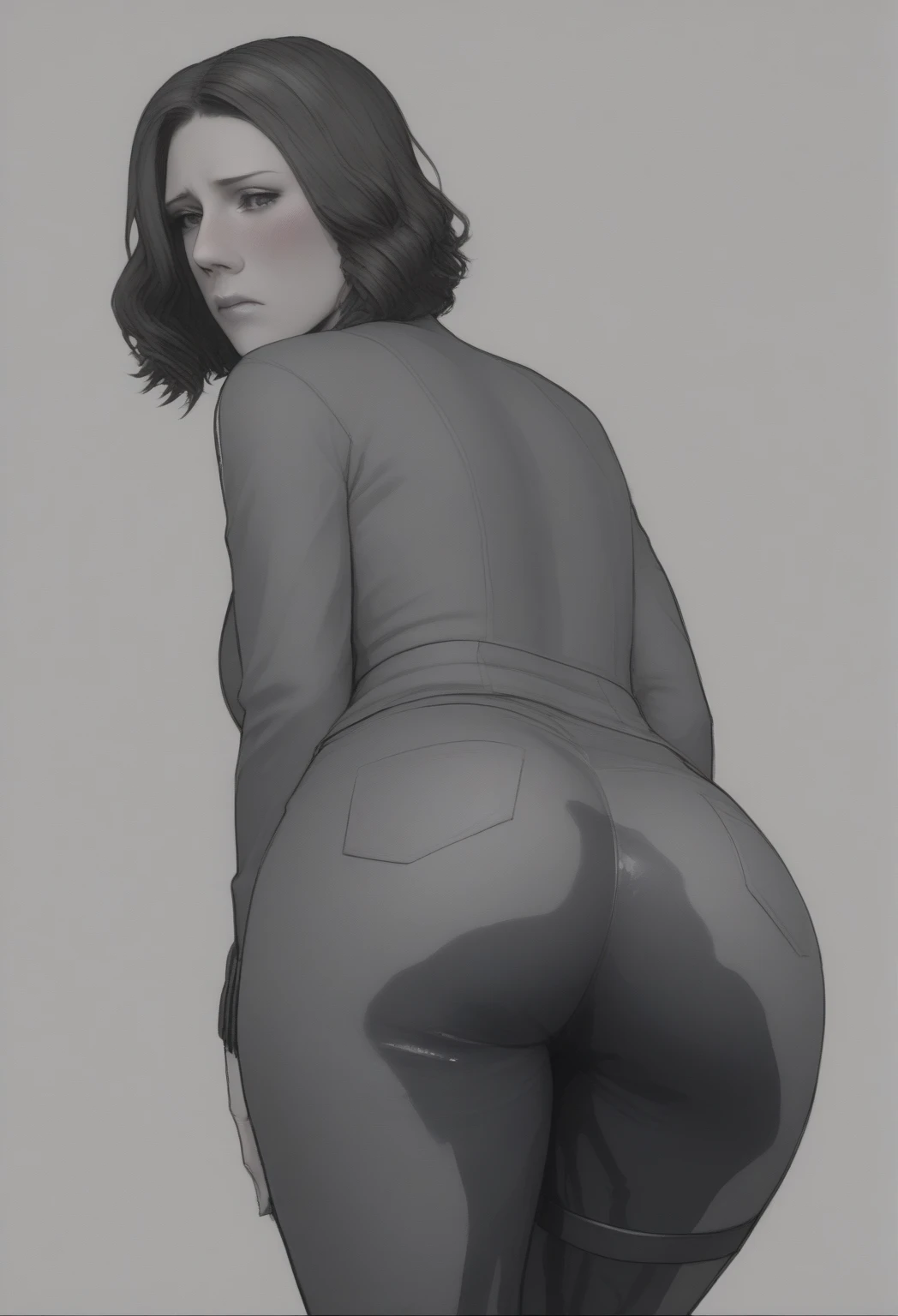 (detailed), (((normal girl))), (Arabic characteristics), ((brown sheepskin jacket)), ((pelo negro rizado free hair)), ((free hair)), (calm face), ((by the width)), ((black high boots)), (((whole body))), ((in the middle of the city leaning on a building), ((women)), (black turtleneck sweater), ((only one person)), (At noon), (((exposed crotch))), ((((vagina visible)))), NSFW