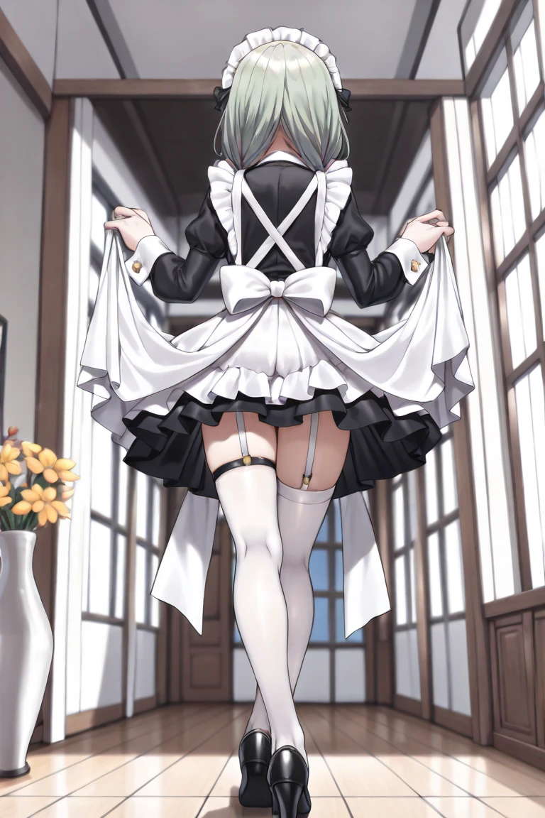 Masterpiece, Backless V-line maid costum, short skirt, girl, white skin, 2 view from front and back, all body shot, collar, she say "welcome master", 2 Views: From front view and From back view
