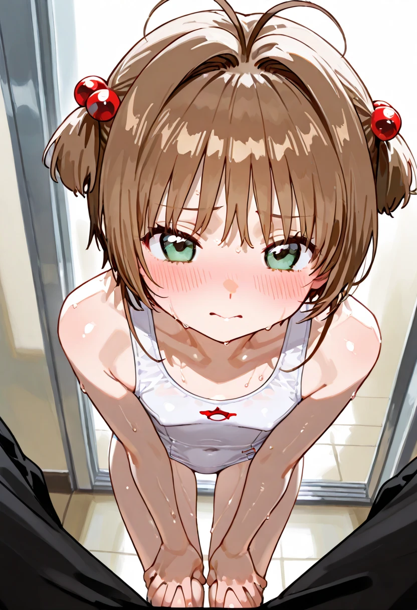 1girl,solo,yuuki mikan,, ,brown hair,, ,1girl,,,small breasts,,open mouth,,sitting on ground,from above,tongue,nsfw,(spoken heart),naked,nude