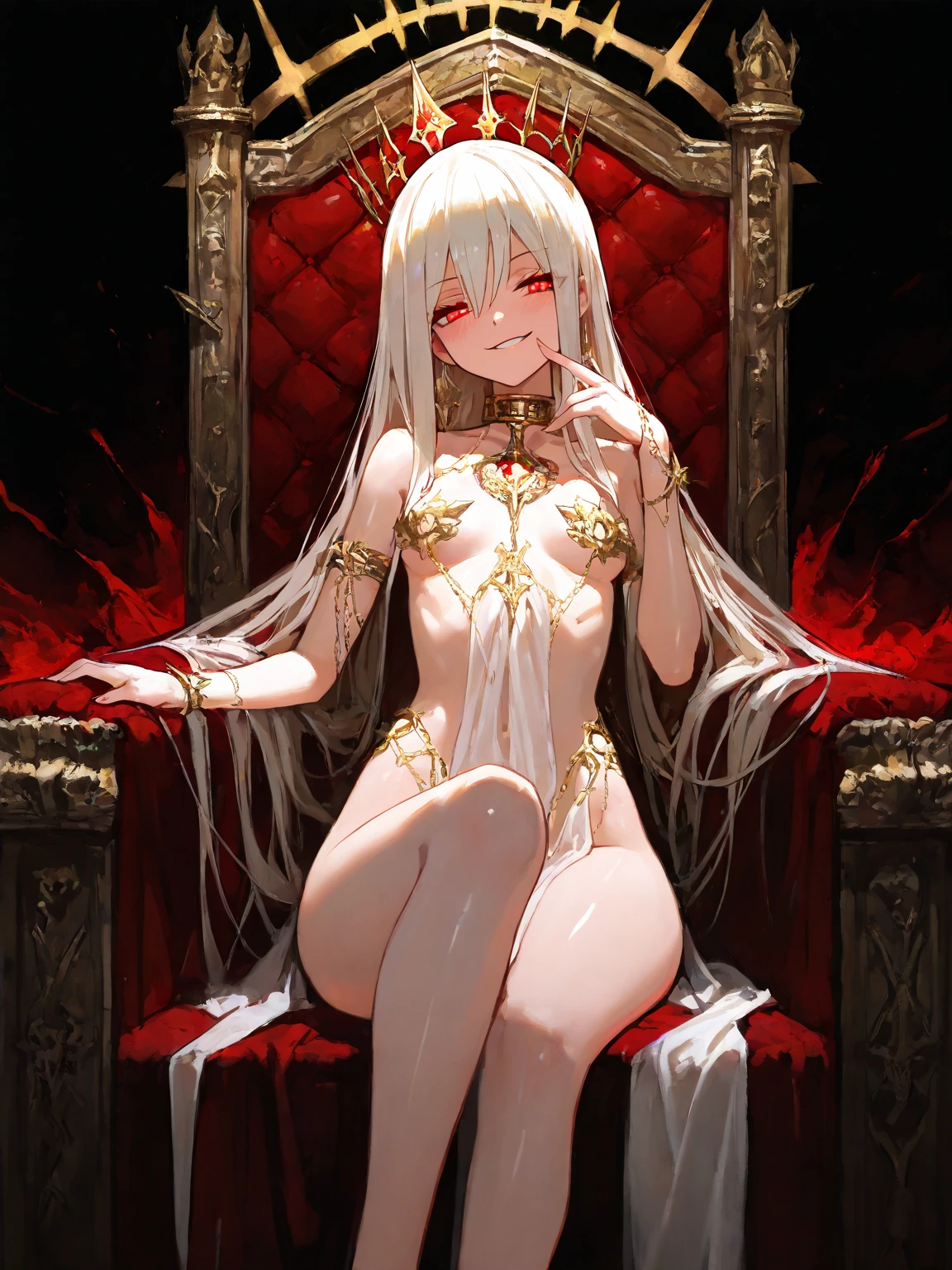 <lora:Kongou_Aoki:0.7>,red eyes, blond hair, shall of the castle, topless, illustration, sitting on the throne,simple background, angry, blood,(ashenhard style:1.3), blood splatter, full body photo, attractive stunning 24-years-old girl, detailed blemishes, veins, skin imperfections, beautiful face, nude hanging breasts, red nippless, navel, (lace lingerie:1.1), (looking at the camera), spectacular lighting, dslr, ultra quality, sharp focus, tack sharp, dof, film grain, centered, Fujifilm XT3, crystal clear, symmetrical composition,