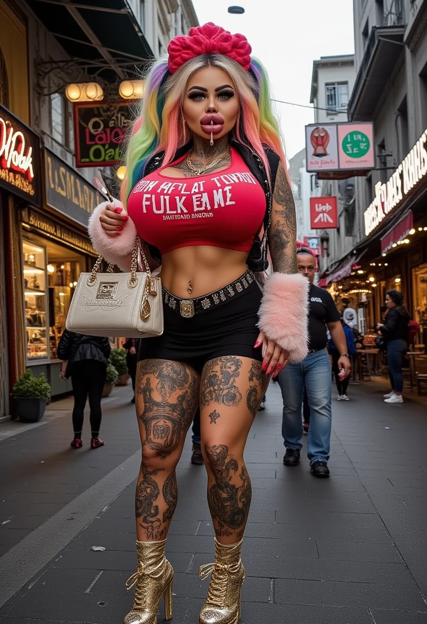 1 Girl, Beautiful, Baby Face, 20 Years Old, White Skin, Colossal Breasts, Sexy Pose, Pastel Colour Sweater Tanktop, ((Chubby)) Sexy panties, ((Pastel Colour Outfit)), ((Grey Eye)), Smile, Bokeh, Chinese Street Background, Masterpiece, ((Night)), Aesthetic Tattoo ((tattooed:1.3)), full body, Using stockings ((Pastel Colour Outfit)), Using Rhinestone Silver Stiletto Heel Summer High Heels