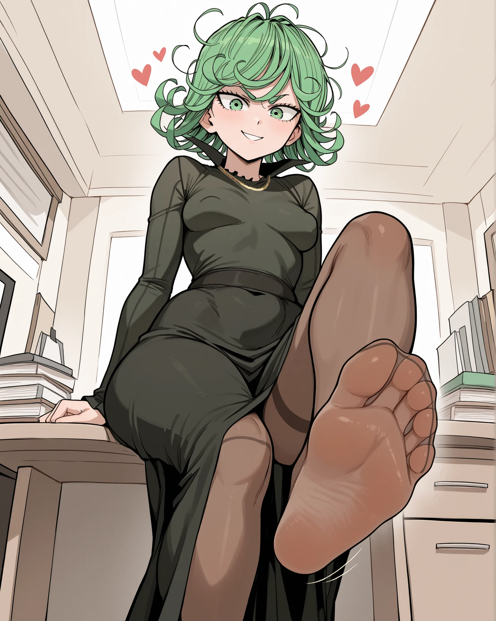 sketch, vintage, Tatsumaki ( One Punch man ) green hair , sexy smile , big bobbies, sole of the foot , hearts around, black long dress, foot picture, office, dark blue