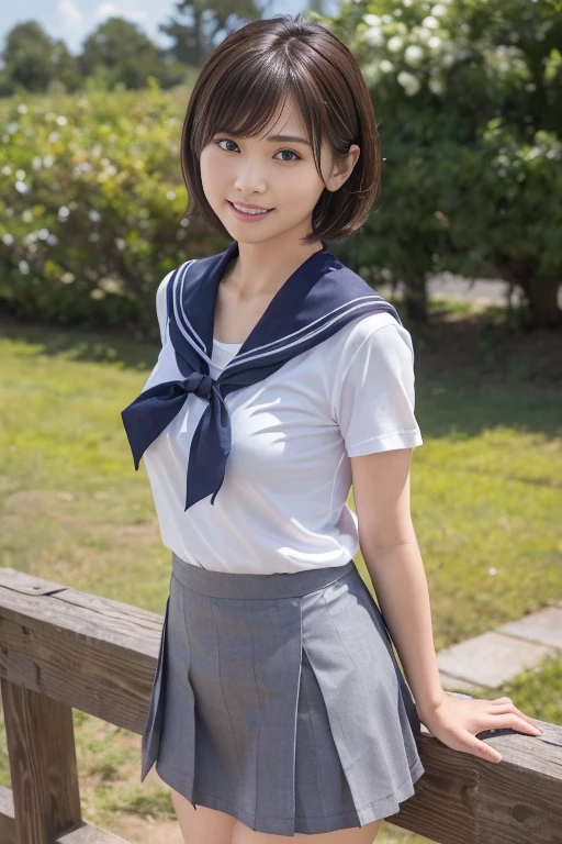 ((wearing Japanese summer high-school uniform's shirt and pleated skirt over swimsuit):1.3), Best-quality, Masterpiece, Ultra-High-Resolution, (Photorealistic:1.4), Raw Photo, depth of field, professional lighting, perfect anatomy, extremely details, 1girl, the most famous Japanese idol, ((sitting on stairs)), ((extremely cute face, (((extremely cute and extremely big eyes))), extremely beautiful short-cut-haired, extremely beautiful skins)), realistic skin texture, extremely beautiful thighs, innocent-smile